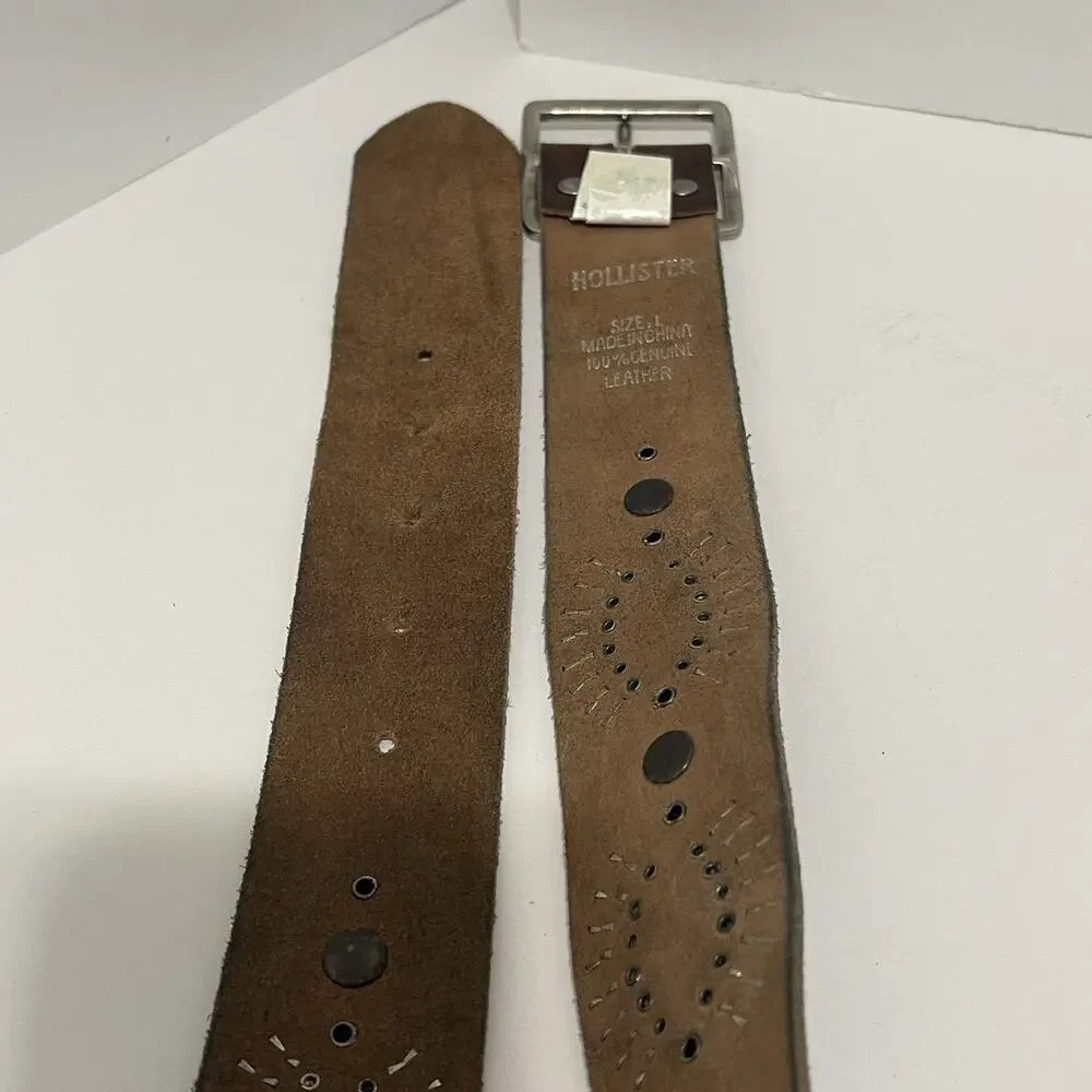 Hollister Belt Womens Large Genuine Leather Brown Silver Studded Boho Festival